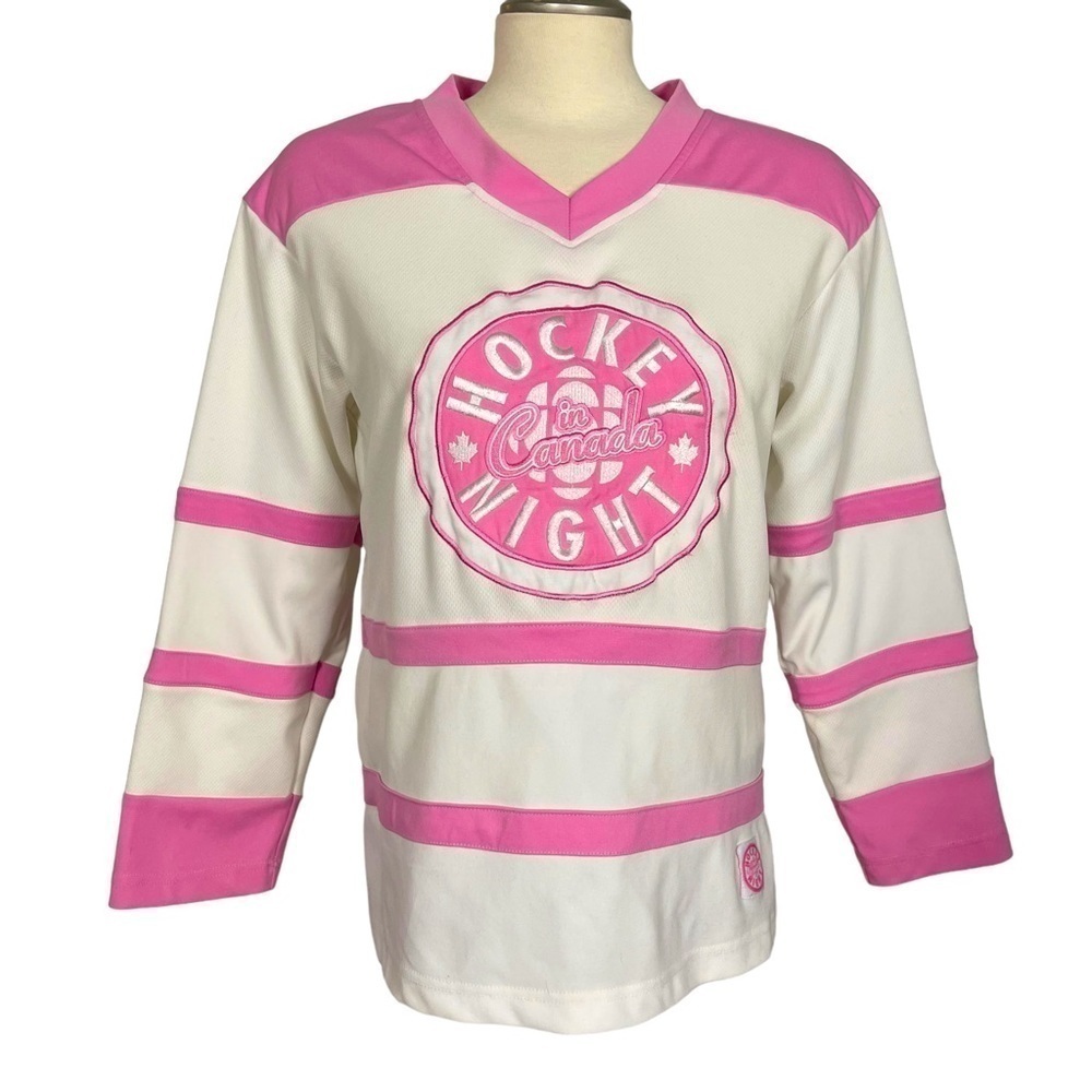 Guc Vintage CBC Hockey Night In Canada jersey, pink and white, size Youth Large